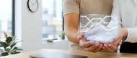 Businessman holding digital hologram with DNA helix structure in modern office environment, representing genetic research, biotechnology innovation, and scientific advancement.