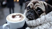 Adorable pug dog in knitted scarf looking longingly at cup of cappuccino with chocolate powder. Close up portrait showing puppy eyes and wrinkled face.