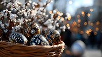 Decorated Easter eggs with intricate floral patterns in wicker basket against blooming spring branches and warm bokeh lights creating festive holiday atmosphere.