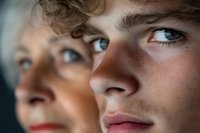 Young Caucasian man with curly brown hair and blue eyes in close-up portrait with soft natural lighting and shallow depth of field for lifestyle photography.