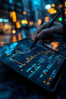 Hand analyzing financial charts on tablet with stylus against blurred city lights background, representing modern investment analysis in urban setting.
