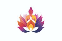 Stylized female figure in prayer pose centered within gradient lotus flower petals, combining spiritual and wellness themes in modern minimalist design.