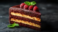 Slice of layered chocolate cake with vanilla cream filling, topped with dark chocolate ganache, fresh raspberries and mint leaves on dark background.