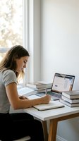 Young woman studying at home desk with laptop and books taking notes by bright window for education and remote learning productivity.