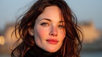 Young Caucasian woman with flowing brown hair in golden hour sunlight, natural makeup and warm lighting creating soft portrait for lifestyle content.