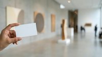 Hand holding blank white business card in modern gallery or museum interior with blurred artwork on walls, suitable for branding, corporate identity, and creative business presentations.