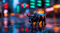 Charging bull statue reflection on wet street with colorful bokeh lights at night, symbol of financial market strength and Wall Street optimism in urban setting.