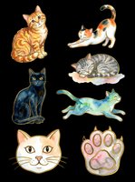 Watercolor cat clipart set with seven elements isolated on transparent background, ready for stickers, t-shirt design, print on demand, and sublimation crafts.