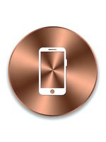 White smartphone icon on polished copper metallic circular button with brushed radial texture isolated on transparent background for app design.