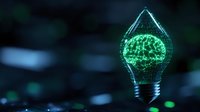 Glowing green brain inside light bulb on dark background represents artificial intelligence, innovation and creative thinking in technology advancement.