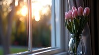 Pink tulips in glass vase on windowsill at sunset, natural light streaming through window with blurred outdoor background, spring floral arrangement for home decor.