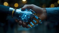 Futuristic handshake between human and transparent robotic hand with glowing blue light effects against dark background with bokeh lights, symbolizing technological cooperation.