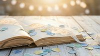 Open vintage book with colorful paper hearts scattered on wooden table with warm bokeh lights creating romantic atmosphere for love stories.