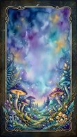 Enchanted forest landscape with whimsical mushrooms, glowing flora, and magical sky featuring stars and moons, framed with ornate gold border design.
