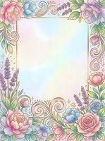 Pastel floral frame with peonies, roses and lavender, gold swirls on soft gradient background, copy space for wedding or greeting card design.