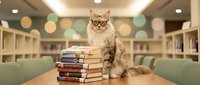 Fluffy tabby cat sitting beside stack of books in modern library with soft bokeh lighting and green seating areas for educational content.