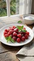 Fresh red raspberries dusted with powdered sugar and garnished with mint leaves on white plate by window, perfect for food photography, recipe blogs, and culinary content.