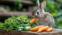Young gray rabbit eating fresh carrot near green parsley on wooden surface in garden, cute bunny enjoying healthy vegetable snack outdoors.