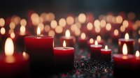 Glowing red candles creating atmospheric lighting with soft bokeh effect in dark background, romantic mood setting for meditation and spiritual moments.