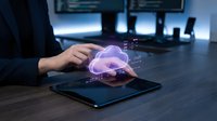 Business professional using tablet with holographic cloud computing interface for data storage and digital transformation in modern office workspace.