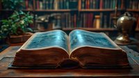 Open ancient leather book with glowing magical pages in dark library setting with antique globe and green plant, creating mystical atmosphere for fantasy and education concepts.
