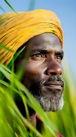 African man with yellow turban surrounded by green tropical plants against blue sky background for cultural diversity projects.