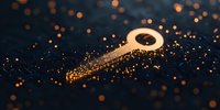 Golden key dissolving into sparkling particles against dark background with bokeh lights, symbolizing digital security and data encryption solutions.