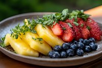 Fresh sliced pineapple, ripe strawberries and blueberries garnished with herbs on rustic ceramic plate. Healthy breakfast or dessert serving.
