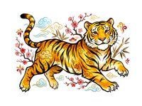 Striped tiger with raised tail surrounded by blooming flowers, decorative clouds, and botanical elements on isolated white background. Suitable for apparel design, clipart, and creative projects.