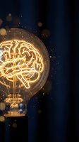 Glowing light bulb with brain-shaped filament on dark blue background with golden bokeh particles representing creativity and innovation concepts.
