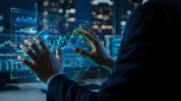 Business professional analyzing holographic financial data and charts with hands gesture in modern office at night for investment strategy planning.