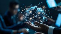 Digital global network hologram floating above businessman's hand in dark office environment with glowing connection points.