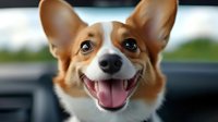 Happy Welsh Corgi dog with bright blue eyes and characteristic smile showing tongue in car. Close up portrait of purebred puppy with ginger fur and erect ears.