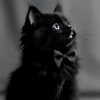 Elegant black cat with bright blue eyes wearing formal black bow tie looking up against dark background, dramatic studio portrait with soft lighting.