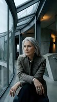 Mature woman with long gray hair wearing gray blazer sitting by modern glass windows in contemporary interior space, looking thoughtful and contemplative.