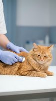 Veterinarian in gloves examining an orange tabby cat with a stethoscope on a clinic table during a routine checkup.