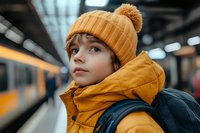 Young child in orange winter hat and jacket waiting at subway station platform with train in background for travel and transportation concepts.