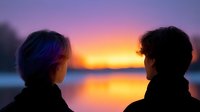 Silhouettes of two people watching vibrant sunset over water, dramatic sky with purple and orange hues creates romantic atmosphere for relationship concepts.