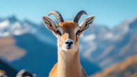 Young mountain gazelle close-up portrait with snowy peaks background, showing distinctive horns and large eyes. Wildlife photography in natural habitat.