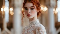 Red-haired woman with fair complexion and freckles wearing white lace garment, posed against blurred bokeh lights in elegant interior setting for fashion and beauty campaigns.