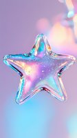 Crystal glass star ornament with iridescent reflections on pastel purple and blue background, featuring magical sparkles and holographic effects for festive decor.