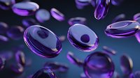 Floating purple oval capsules or pills against dark background, pharmaceutical concept for medicine or supplements.