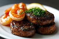 Grilled beef medallions with sauteed shrimp and fresh herbs served on white plate, close up view of gourmet surf and turf dinner with garnish and seasoning.