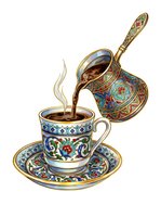 Ornate traditional coffee pot pouring hot beverage into decorative porcelain cup with saucer, featuring intricate gold and colorful floral patterns for café and hospitality design.