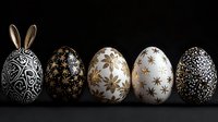 Elegant Easter eggs decorated with metallic patterns and bunny ears in black, white and gold colors arranged in row on dark background for holiday decor.