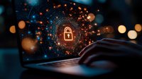 Glowing padlock icon with digital network connections on laptop screen while typing, representing cybersecurity and data protection in dark environment with bokeh lights.