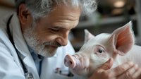 Smiling veterinarian with gray beard examining young pink pig in clinical setting. Professional animal healthcare and livestock medical care concept.