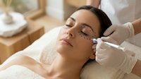 Young woman receiving professional facial injection treatment at modern spa clinic for anti-aging skincare and beauty enhancement procedures.