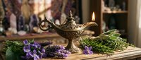 Ornate brass oil lamp with decorative handle surrounded by fresh lavender sprigs and herbs on wooden surface creating mystical aromatherapy scene for wellness.