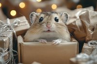 Curious dwarf hamster peeking out from cardboard gift box surrounded by wrapped presents and festive bokeh lights, creating heartwarming holiday atmosphere.